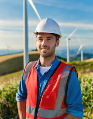 Worker in safety gear stands before wind turbines, showcasing renewable energy and sustainability. Generative Ai
