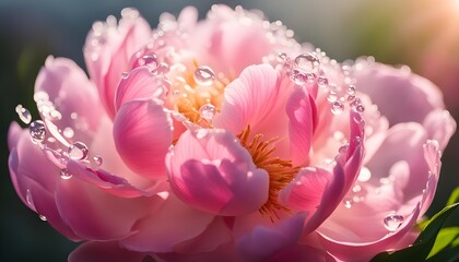 Obraz premium Beautiful transparent drop of water or dew with sun glare on petal of pink peony flower, macro. Gentle artistic image of purity and beauty of nature