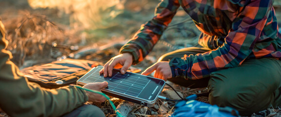 Using a portable solar charger during golden hour, emphasizing the connection between solar energy use and natural cycles. Environmental Protection. Heating and irrigation system. Banner. Copy space
