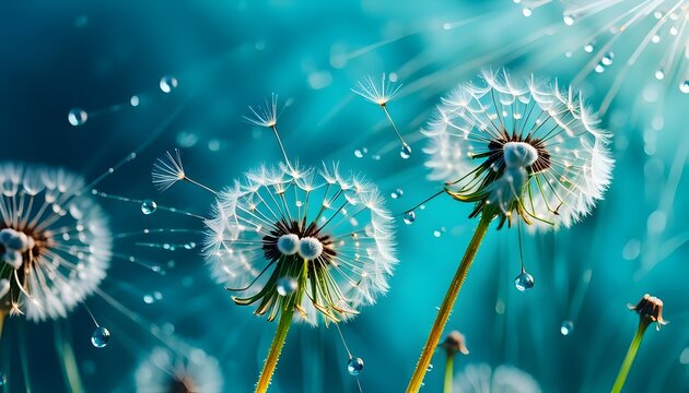 Dandelion Seeds in droplets of water on blue and turquoise beautiful background with soft focus in nature macro. Drops of dew sparkle on dandelion in rays of light, stock images