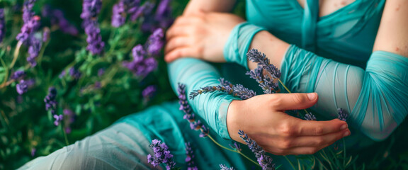 Arms in turquoise sleeves cradling lavender plants, blending human touch with flora against a vibrant garden. Organic Bio Cosmetics. Herbal teas. Banner. Copy space