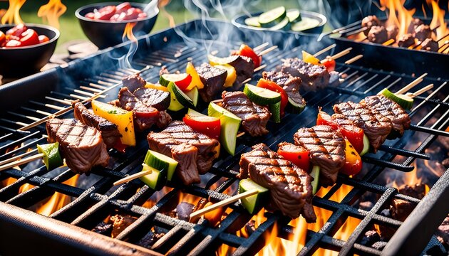 beef on skewers on grill, in the style of an outdoors product hero shot in motion, dynamic magazine ad image, food stock, stock images