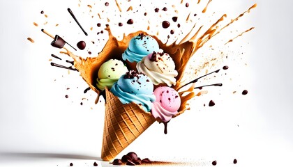Delicious exploding cone ice cream, on isolated white background