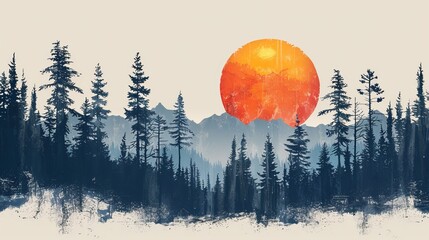 Stunning Illustration of Mountains and Pine Trees at Sunset - obrazy, fototapety, plakaty