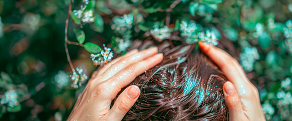 Hands gently touch woman wet hair amidst blooming flora, evoking natural beauty and rejuvenation. A mask for scalp skin and hair care. Aromatherapy at the Spa. Banner. Copy space
