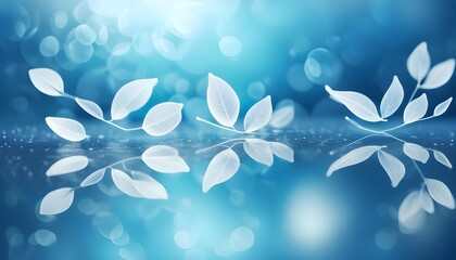 White transparent leafs on mirror surface with reflection on blue background with round glare bokeh macro. Abstract artistic image template border natural dreamy image, stock images