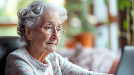 An elderly woman with curly white hair and glasses looking pensive while sitting comfortably inside her home, with a soft focus background suggesting a cozy ambiance - Generative AI - obrazy, fototapety, plakaty