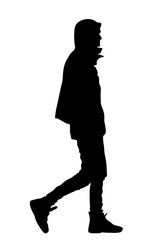 Urban boy walking vector silhouette illustration isolated on white background. Handsome man shape shadow street walk. Male in raincoat autumn outdoor relaxation after work. Health care park activity.