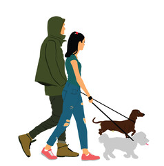 Urban couple in love walking dogs on the leash vector illustration isolated on white background. Owner handsome girl and boy with cute puppy pets. Woman and man enjoy outdoor after work. Woman man. 