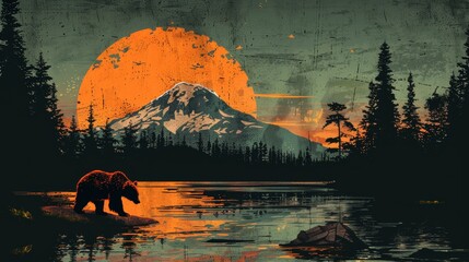 Stylized Bear and Mount Rainier Silhouette Against Orange Moon - obrazy, fototapety, plakaty