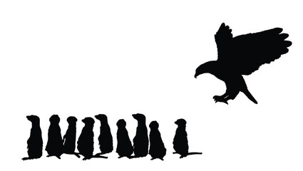 Meerkats family in guard position vector silhouette illustration isolated. Meerkats watch the sky in fear of eagles attack. Protection and caution team work watch. Suddenly ambush eagle catch prey. - obrazy, fototapety, plakaty