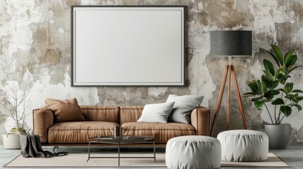 mock up poster frame in modern interior background, living room, Minimalistic style, 3D render