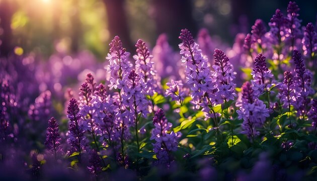 Spring flowering bloom wallpaper. Many lilac purple wild flowers in forest on glade glow in sun on a dark background macro soft focus. Spring templates, amazing magic artistic image