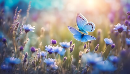 Beautiful wild flowers chamomile, purple wild peas, butterfly in morning haze in nature close-up macro. Landscape wide format, copy space, cool blue tones. Delightful pastoral airy artistic image	 - obrazy, fototapety, plakaty