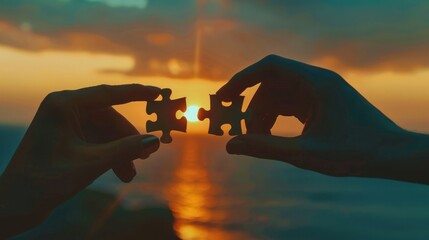 Closeup silhouette hands holding two pieces of puzzle at sunset sky background. AI generated