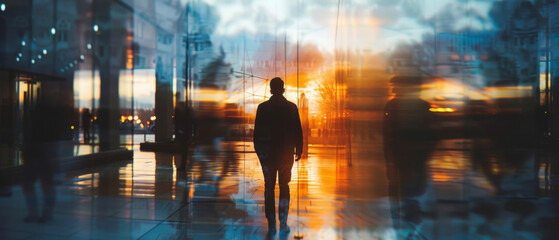 Businessman walking through a cityscape at dusk.