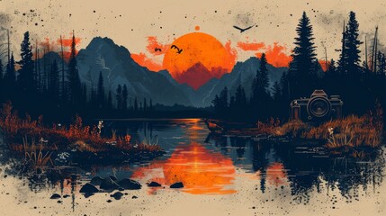 Surreal Nature Scene with Red Moon and Bison Illustration