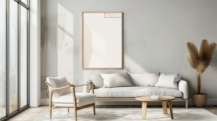 mock up poster frame in modern interior background, living room, Scandinavian style, 3D render
