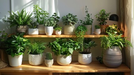 Tranquil Indoor Plant Display on Wooden Shelves