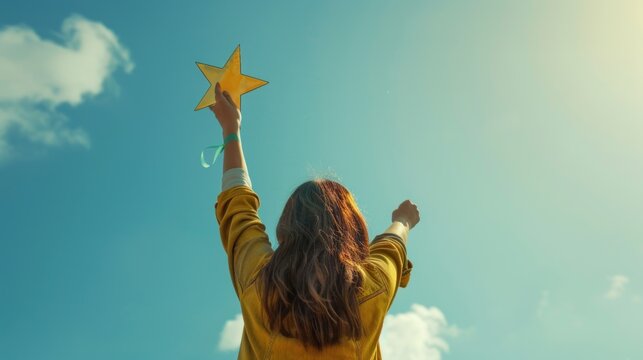 Closeup a woman hand raised while holding gold star at blue sky background. AI generated image