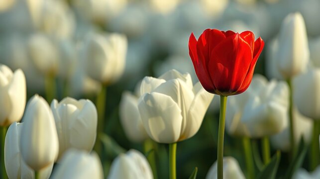 Close up one red tulip flower between many white tulips flowers in a garden. AI generated image