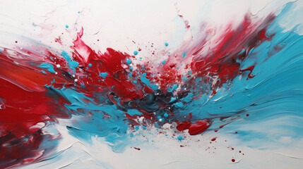 Dynamic bursts of crimson red and turquoise on a clean white canvas, evoking a feeling of excitement and passion. - obrazy, fototapety, plakaty