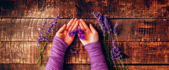Hands with purple gauze holding lavender on wooden background, representing holistic health and herbal therapy. Organic Bio Cosmetics. Herbal teas. Banner. Copy space