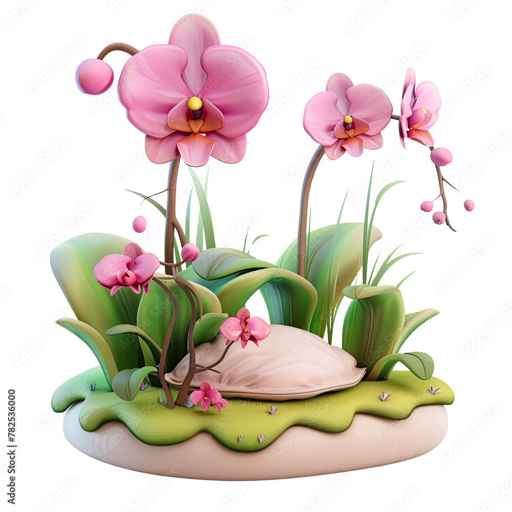 Poster cake decorated with a floral design and seashell topping isolated on transparent