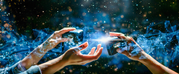 Hands holding a VR device, fingertips touching, as a burst of light and intricate blue digital networks encapsulate the moment of virtual connection. Banner. Copy space