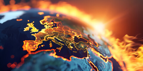 Earth globe under the extreme heat of the sun, Europe burning into flame, destroyed by fire, conceptual illustration of global warming, temperature increase and climate change disaster - 782536013