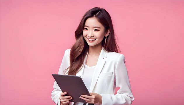 Photo of attractive charming lady cute long hairs, holding laptop, self-confident person worker friendly smile good mood wear white chiffon blazer, isolated pink color background