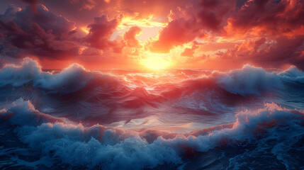 A beautiful ocean scene with a red and orange sunset - obrazy, fototapety, plakaty