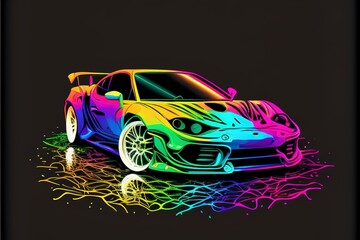 colorful car on a white, grey background. shiny automobile with rainbow colors. 3d illustration made with generative AI technology
