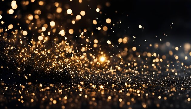 Glitter dark background black and golg color , de-focused, macro. Sparks fall and sparkle in ray of light, free space, panoramic, stock photos, abstract, abstract background
