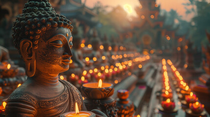 A statue of a Buddha with a lit candle in his hand
