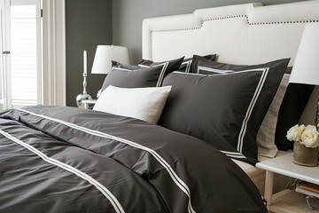 A high-quality, luxury hotel-style bedding set in charcoal gray with white trim and small black accents. The bed is made up of a flat sheet, round pillowcases, and pillows on an elegant bedside table