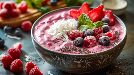 Bowl brimming with assorted berries and fruits, crowned with a vibrant green leaf, presenting a delightful blend of freshness and natural beauty.