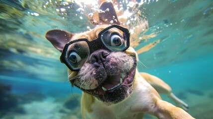 Dog underwater taking a selfie making a funny face