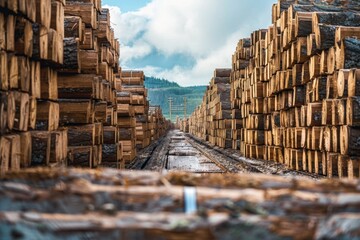 Wood logs stacked on train tracks in urban setting under cloudy sky - Powered by Adobe