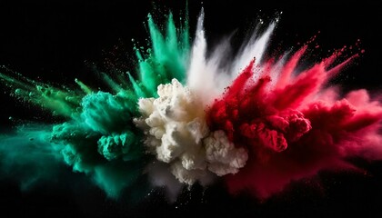 Green, white and red colored powder explosions on black background. Holi paint powder splash in colors of Mexican flag