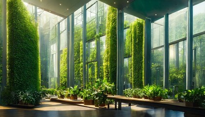 Green architecture. Green wall with plants growing inside building. Sustainable green living in urban city. Eco friendly building with vertical garden in modern office, hotel, shopping mall, home
