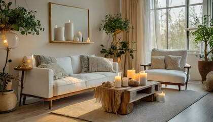 Modern house interior details. Simple cozy beige living room interior with white sofa, decorative pillows, wooden table with candles and natural decorations