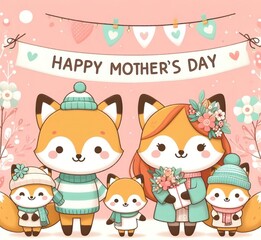 Illustration of Mother’s Day banner with cute fox family  created with generative ai