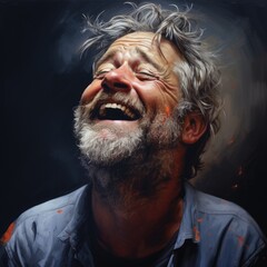 a man laughing with his eyes closed - obrazy, fototapety, plakaty