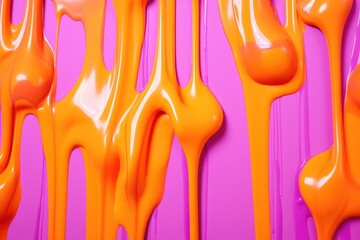 orange paint dripping on a pink surface - obrazy, fototapety, plakaty