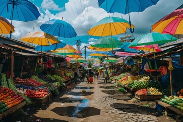 a market filled with fruits and vegetables and umbrellas hanging from the ceiling - Powered by Adobe