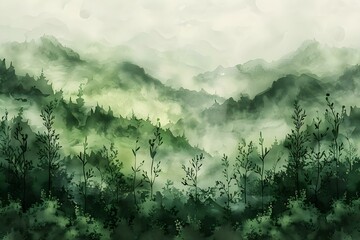 Misty Sage Mountains - Watercolor Serenity. Concept Landscape Painting, Nature Art, Watercolor Techniques, Misty Mountain Views, Serene Reflections