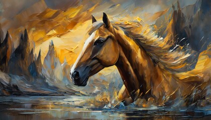 Art painting, gold, horse, wall art, modern artwork, paint spots and paint strokes, knife art, large strokes, murals, art walls
