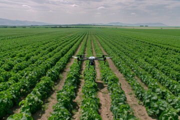 Fototapeta na wymiar A drone hovers above a green plantfilled agricultural field under a cloudy sky
