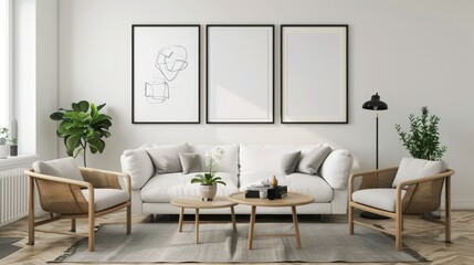 mock up poster frame in modern interior background, living room, Scandinavian style, 3D render